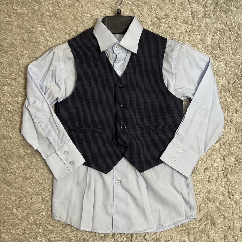 Boys Formal Suit Set Size 8R Dress Shirt Vest 2pc Navy Blue Pinstripe Wedding